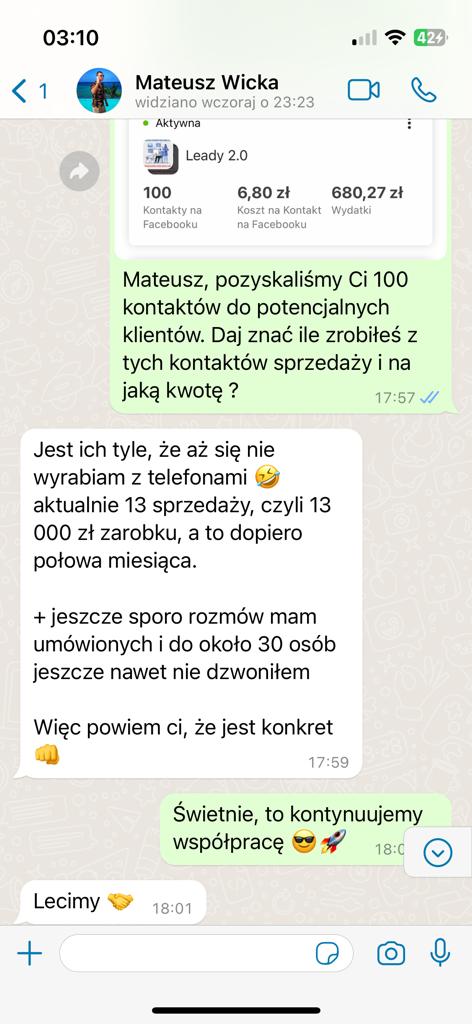 Rozmowa z klientem: 100 kontaktów po 6,80 zł, 13 sprzedaży w pół miesiąca