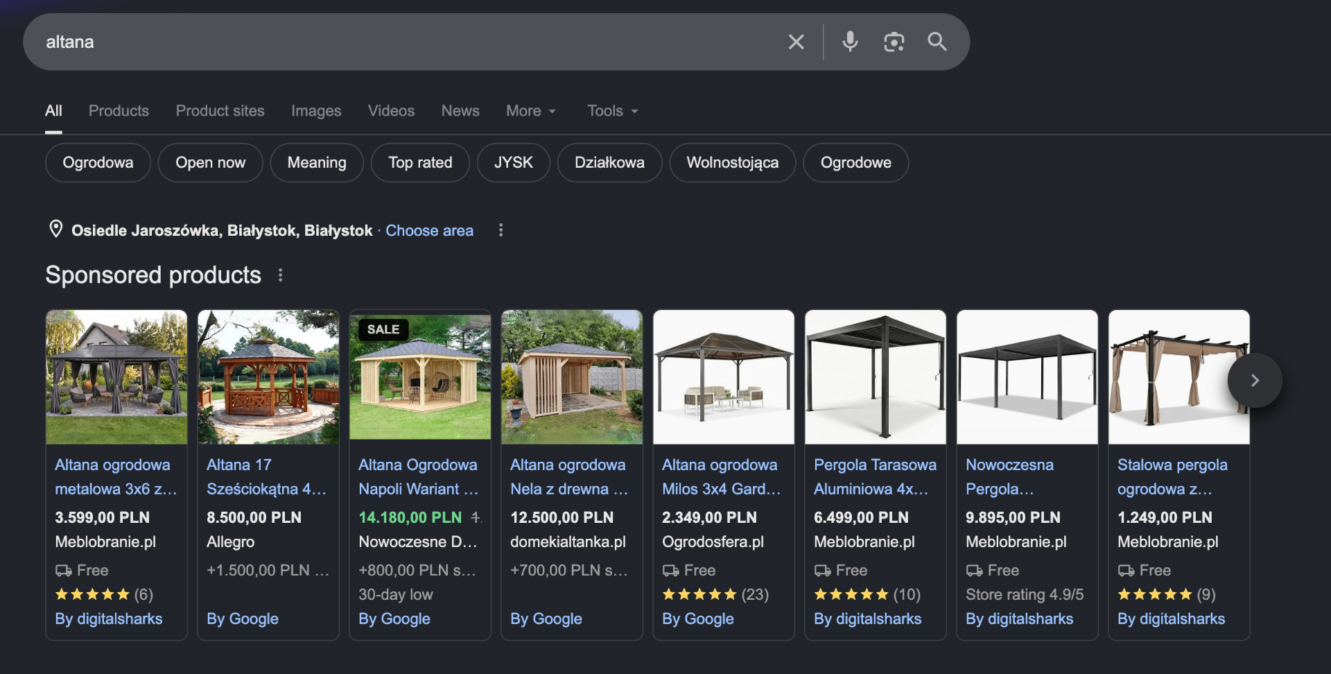 Wyniki Google Shopping dla frazy altana — sponsorowane produkty konkurencji