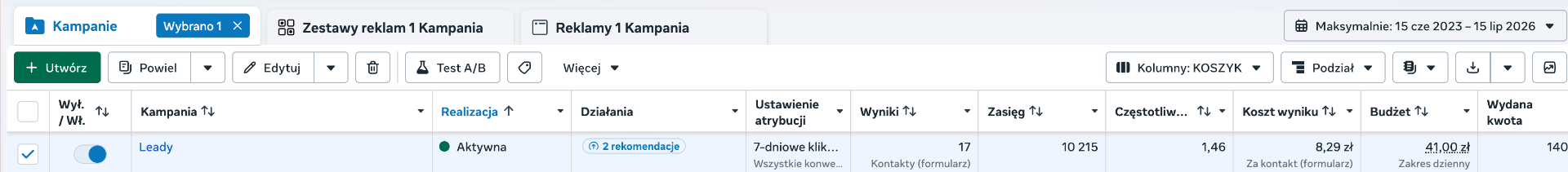 Kampania leadowa Facebook — 17 kontaktów, koszt 8,29 zł za lead